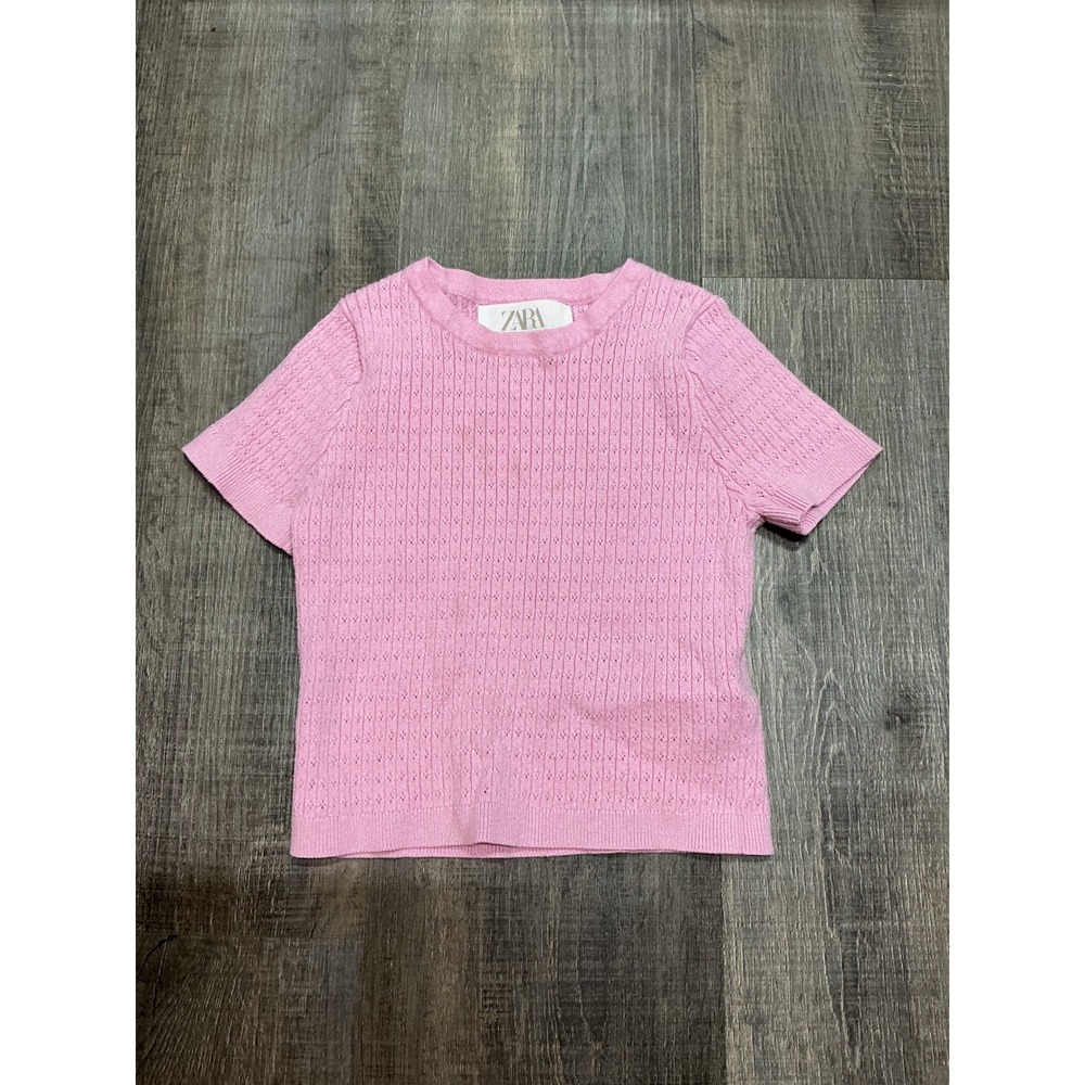 Zara Kids Girls Pink Pointelle Knit Short Sleeve Sweater Top Size 8-9 CM 130